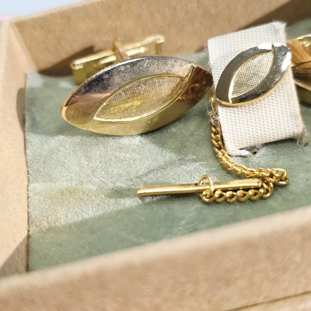 Cufflinks Tie Pin Set Retro Gold Brushed Raised Textured Vintage Men Formal Wear